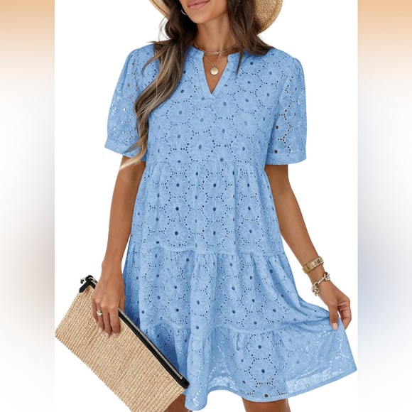 Dresses & Skirts - 100% Cotton Eyelet Tiered V-Neck Dress. Blue. Size XL. NWOT